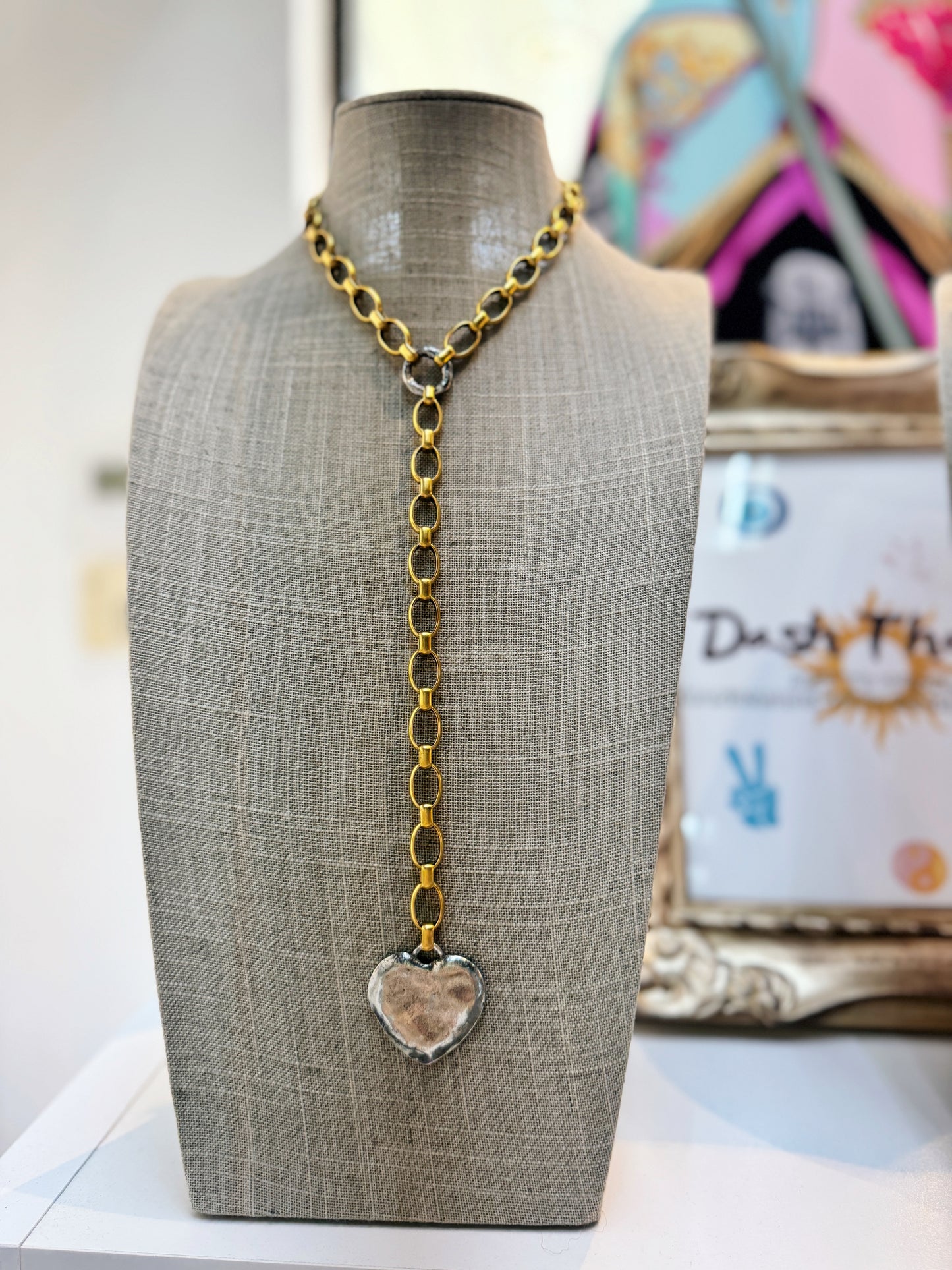 Two Tone Heart Lariat Necklace