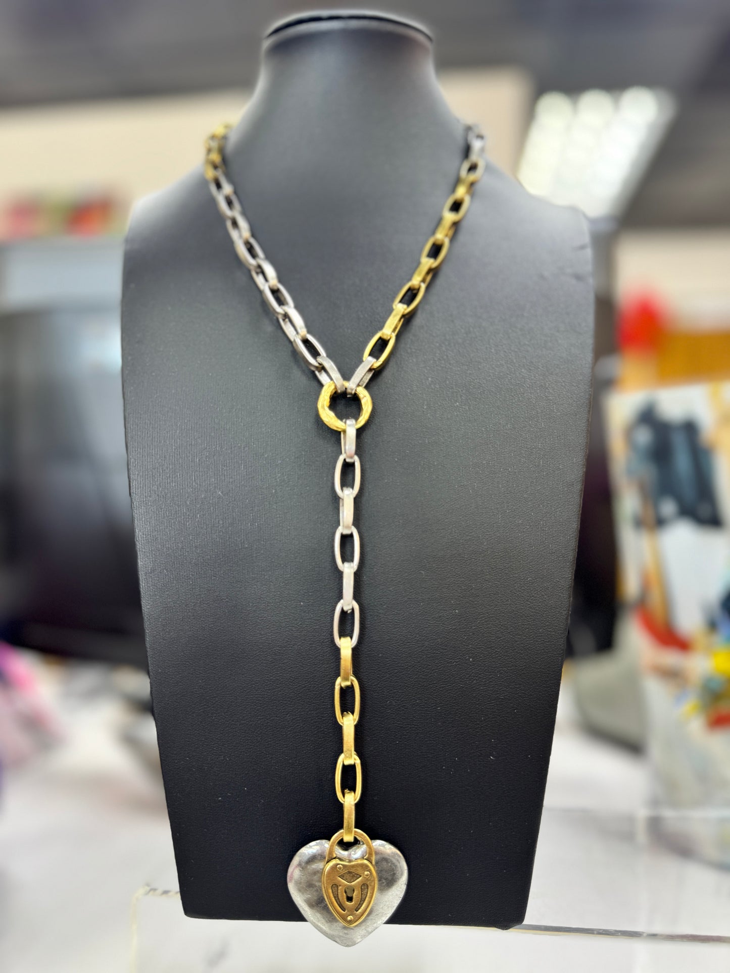 Two Tone Heart On Lock Necklace