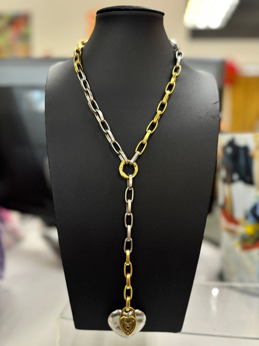 Two Tone Heart On Lock Necklace