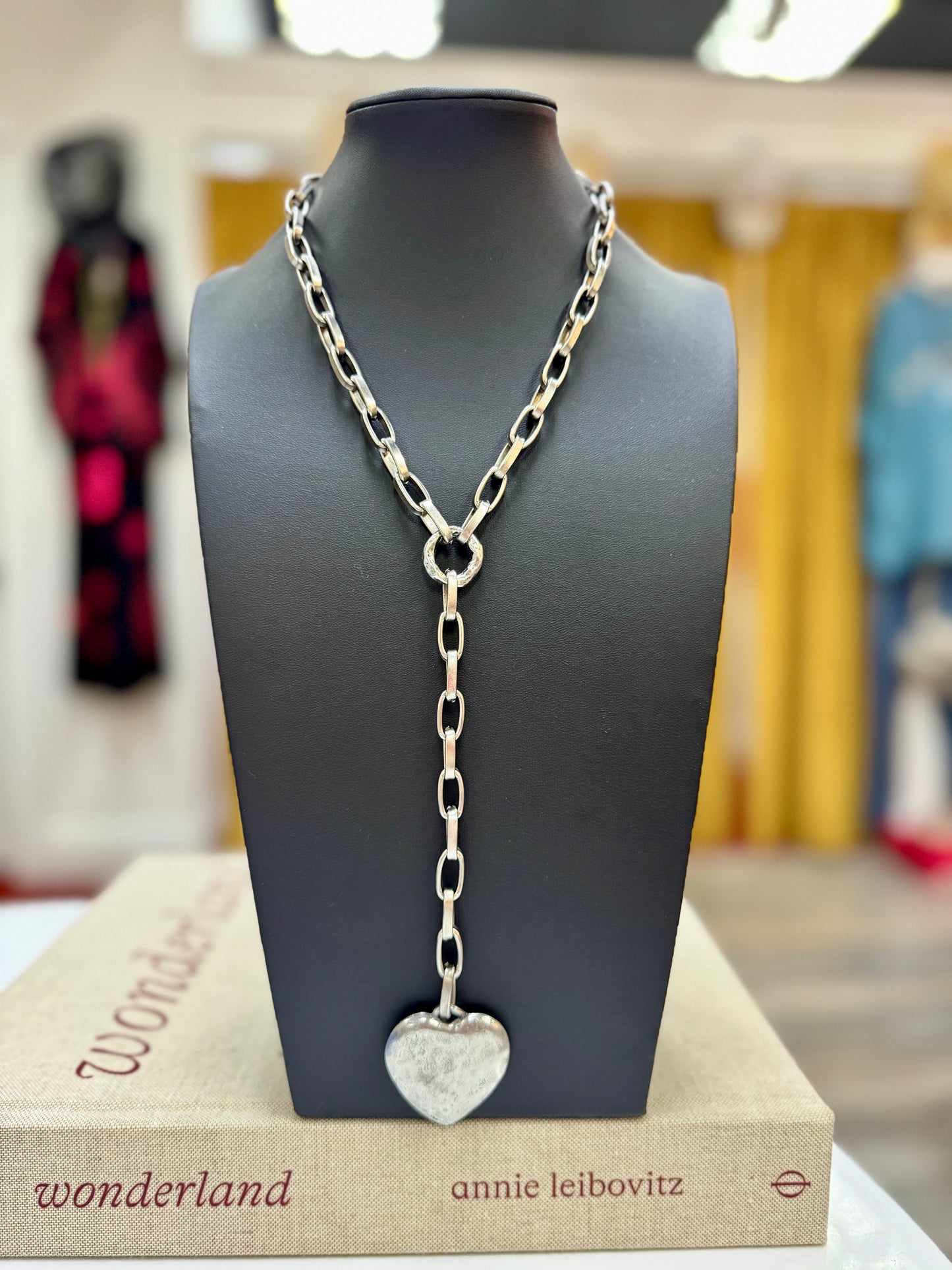 Antique Silver Heart Lariat Necklace
