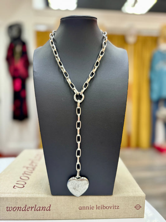 Antique Silver Heart Lariat Necklace