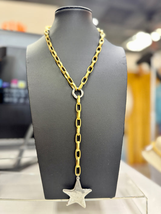 Two Tone Star Lariat Necklace